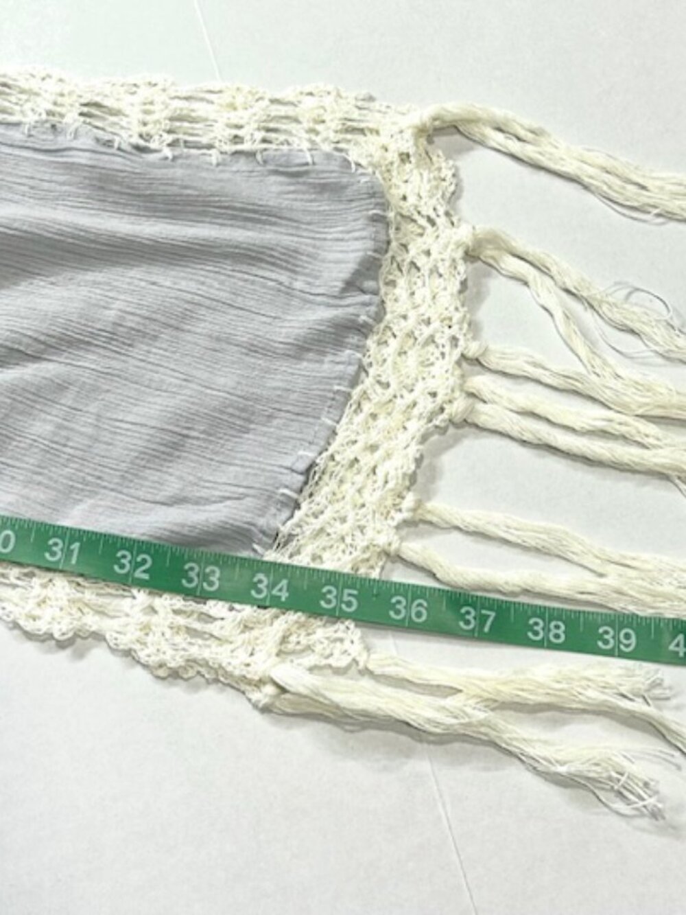 Womens Cotton Gauze Knit Scarf Crochet Trim with Tassles Light Blue & White 74" - Picture 3 of 7